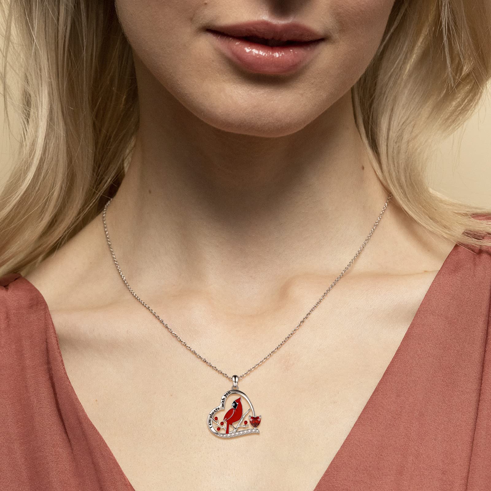 Red Cardinal Necklace 925 Sterling Silver I am Always With You Memorial Pendant Jewelry Gifts for Women (01 Red Heart Cardinal)