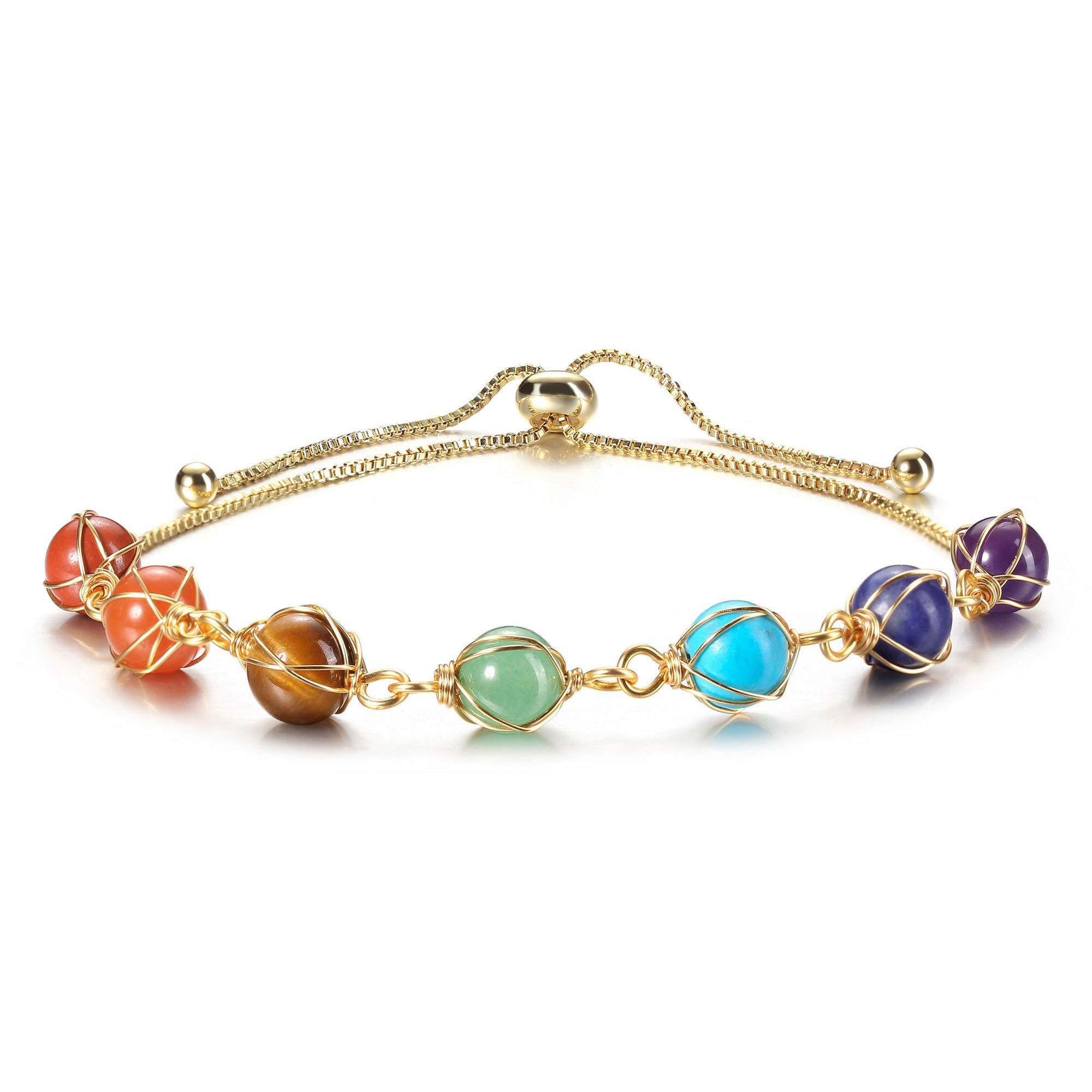 Top Plaza Healing Crystal Stone Chakra Bracelets Adjustable 14K Gold Plated Ankle Bracelets Jewelry for Women Ladies Christmas Birthday Gifts