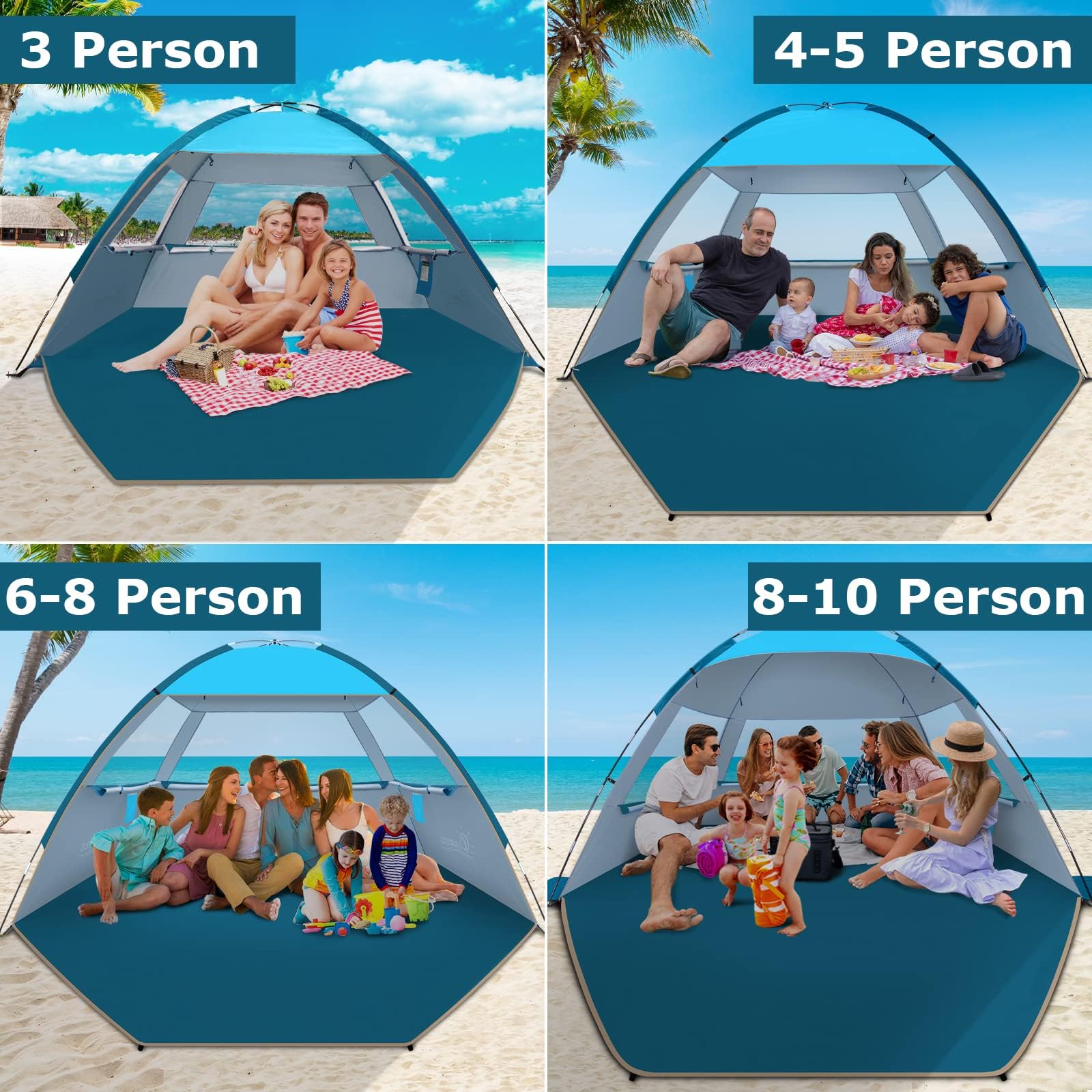 COMMOUDS Beach Tent Sun Shade for 3/4-5/6-7/8-10 Person, UPF 50+ Beach Sun Shelter Canopy Tent, Lightweight, Easy Set Up and Carry