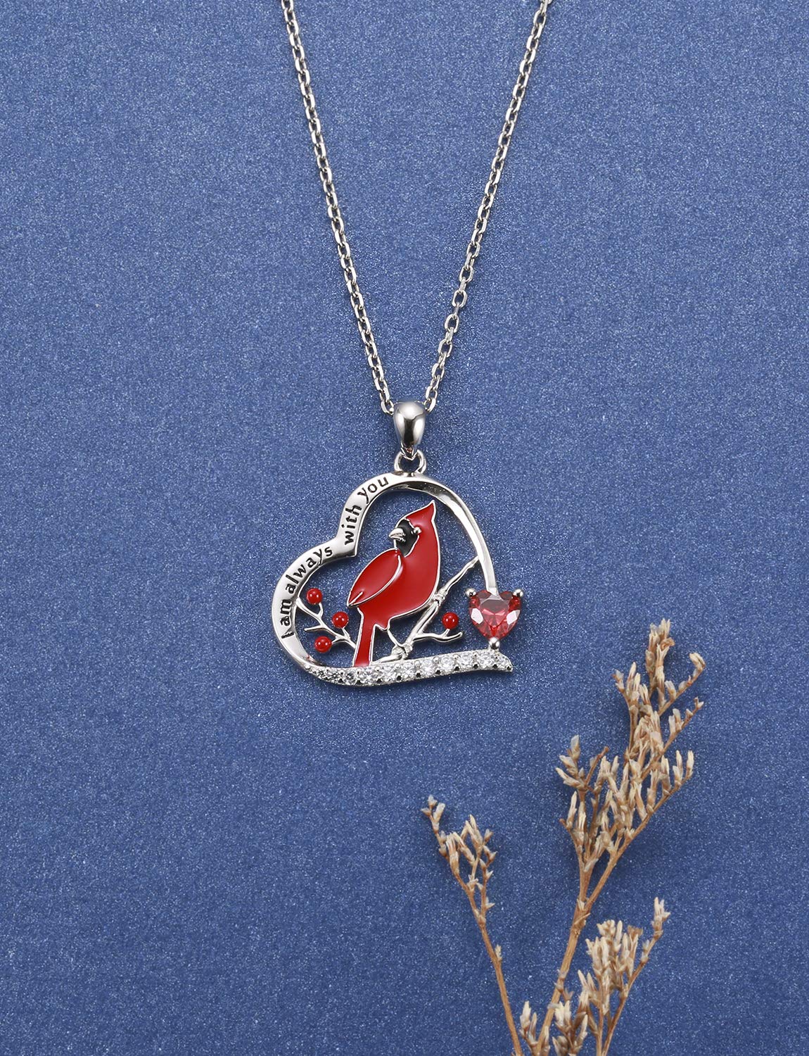 Red Cardinal Necklace 925 Sterling Silver I am Always With You Memorial Pendant Jewelry Gifts for Women (01 Red Heart Cardinal)