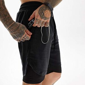 JWJ Men's 2 in 1 Workout Running Shorts 7 Inch Lightweight Athletic Gym Shorts with Compression Liner Black M