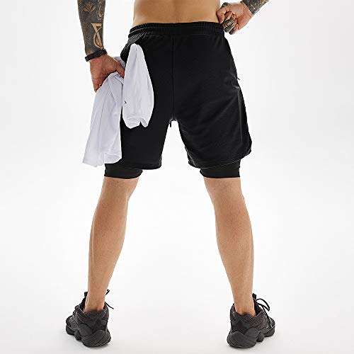 JWJ Men's 2 in 1 Workout Running Shorts 7 Inch Lightweight Athletic Gym Shorts with Compression Liner Black M