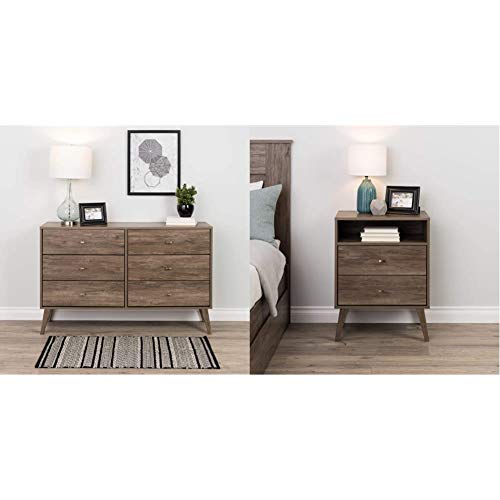 Prepac Milo 6-Drawer Dresser, Drifted Gray & Milo 2-Drawer Tall Nightstand with Open Shelf, Drifted Gray