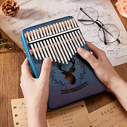 TienClef Kalimba Thumb Piano 17 Keys with Engraved Notes Deer Pattern Handhold Cute Finger Piano Mabogany Solid Wood Portable Musical Instrument with Music Book for Kids Adult Beginner (Gradual Blue)