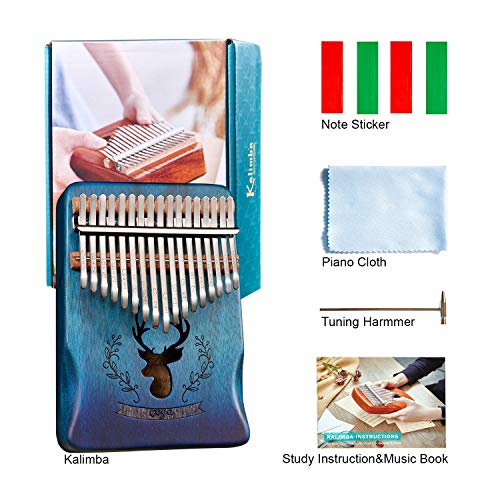 TienClef Kalimba Thumb Piano 17 Keys with Engraved Notes Deer Pattern Handhold Cute Finger Piano Mabogany Solid Wood Portable Musical Instrument with Music Book for Kids Adult Beginner (Gradual Blue)