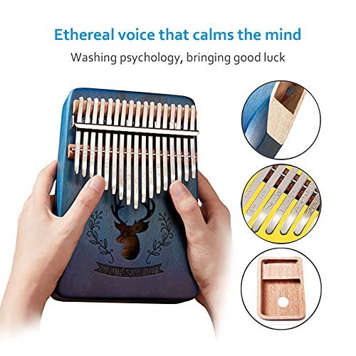 TienClef Kalimba Thumb Piano 17 Keys with Engraved Notes Deer Pattern Handhold Cute Finger Piano Mabogany Solid Wood Portable Musical Instrument with Music Book for Kids Adult Beginner (Gradual Blue)