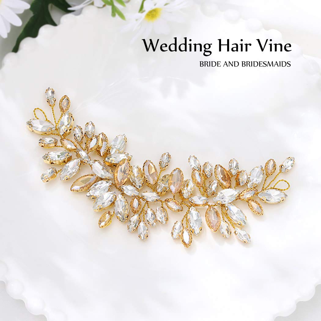 JAKAWIN Bride Crystal Wedding Hair Vine Gold Rhinestone Hair Piece Bridal Headpiece Hair Accessories for Women