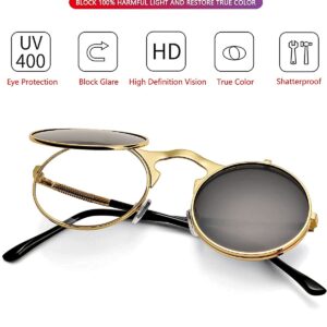 AIEYEZO Round Flip Up Sunglasses for Men and Women Rave Flip Glasses 90's Retro Steampunk Style (Gold/Grey)