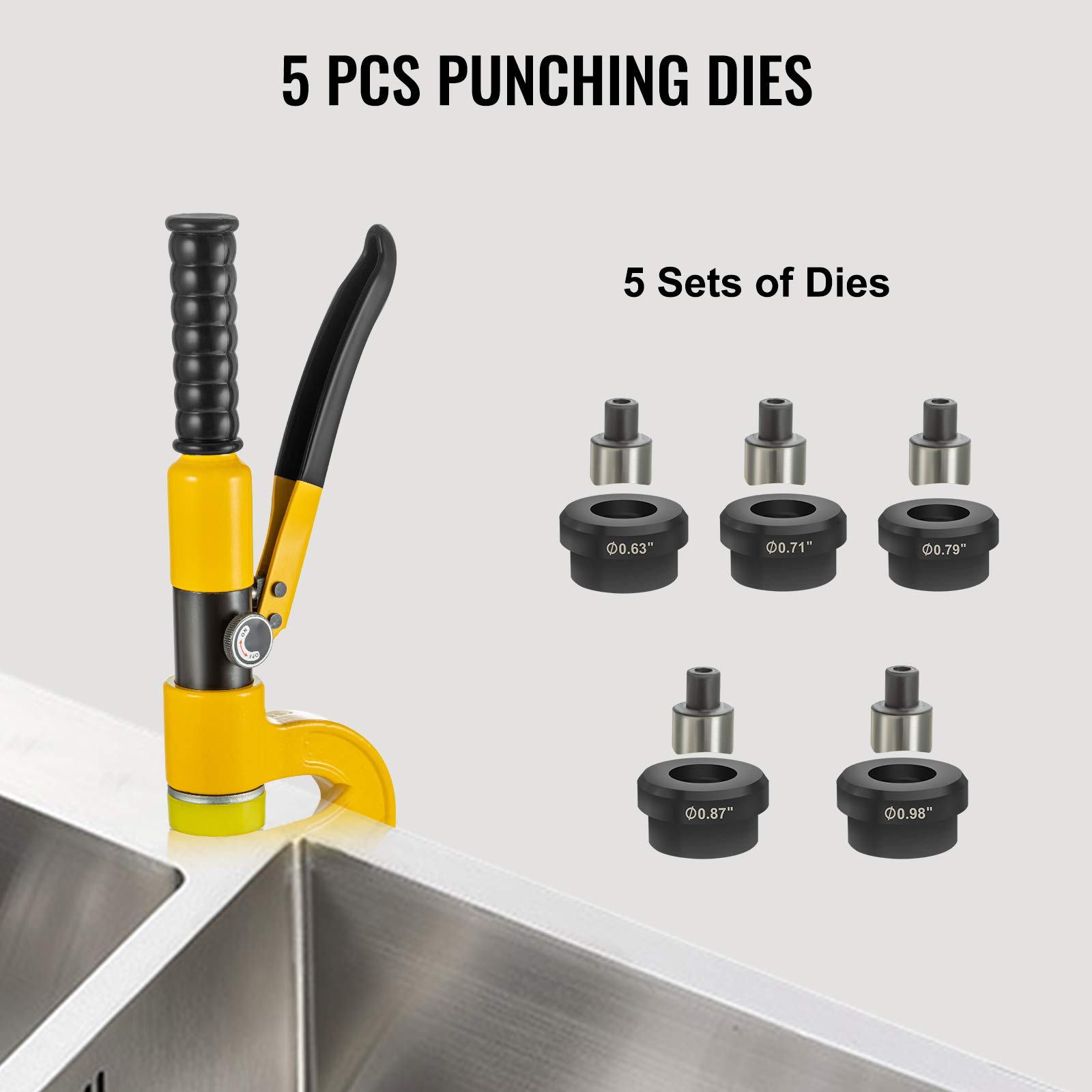 VEVOR Hydraulic Hole Punching Machine, 6 Ton Manual Hole Digger Punch, Portable Metal Hole Digger Hydraulic Punch Kit with 5 Punch Dies 0.63 to 0.98 Inch for Iron Stainless Steel Aluminum Plates