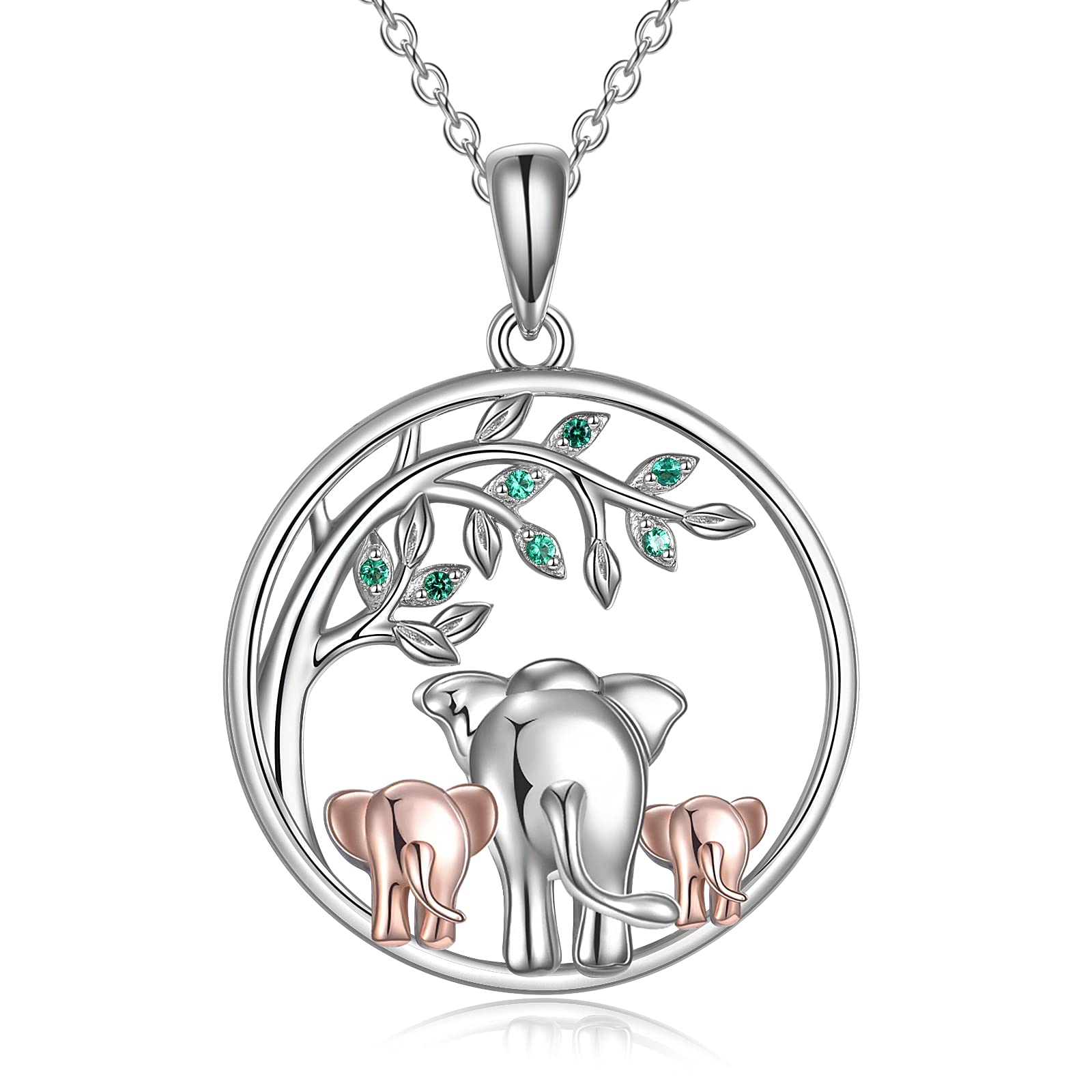 POPLYKE Mom and Baby Elephant Women's Necklace Sterling Silver Elephant Family Sterling Silver Three Elephants Tree of Life Necklace Daughter Husband Gift for Mom