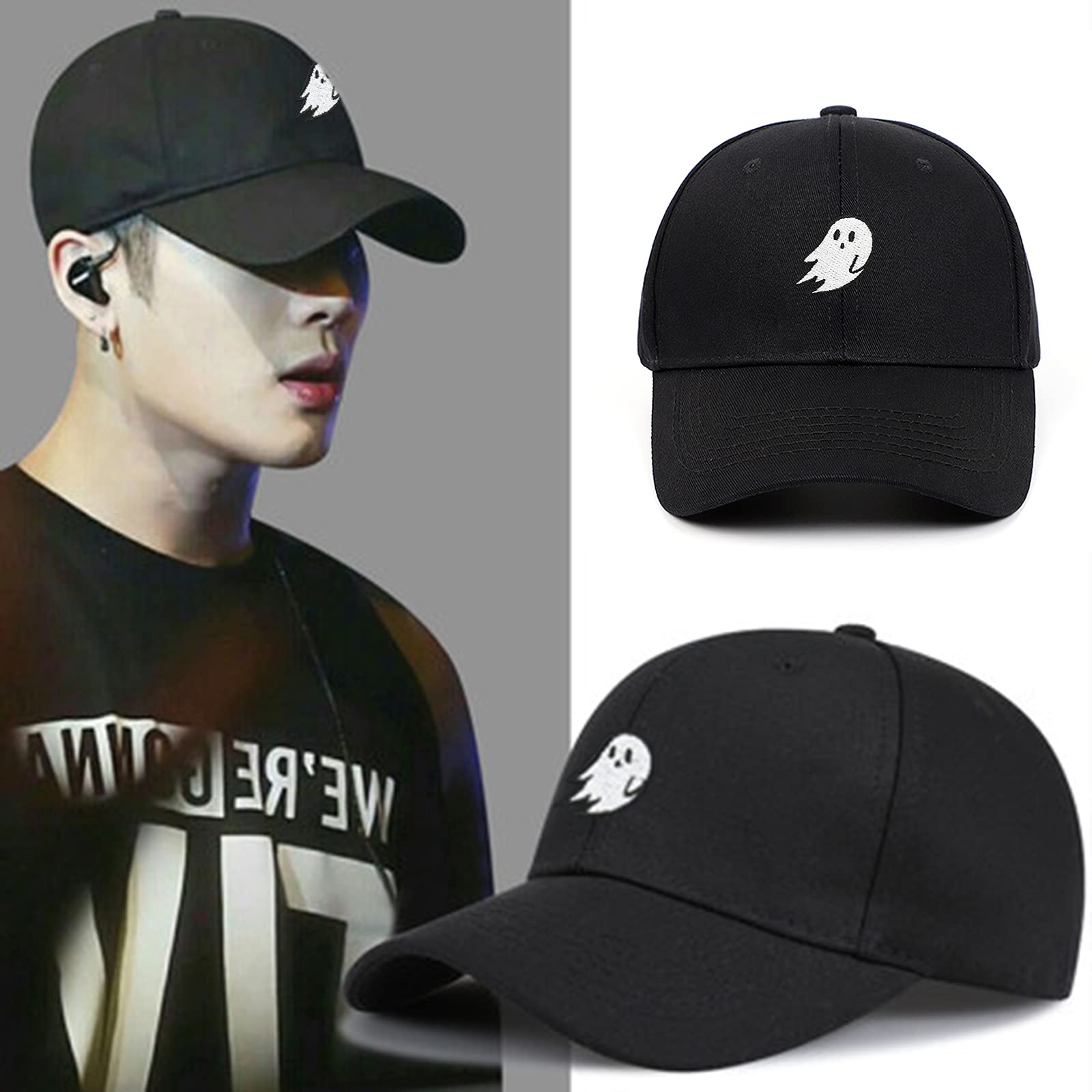 Men Women Embroidered Baseball Cap Pure Color Snapback Hat (Black Ghost)