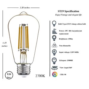 winsaLED Light Bulbs 40 Watt, 2700K Soft Warm Light Bulbs, ST19 Edison Bulbs Design, LED 4W with 450lm Output, E26 Medium Base, High CRI 90+, Not dimmable, Pack of 12