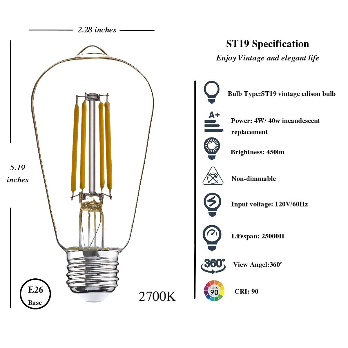 winsaLED Light Bulbs 40 Watt, 2700K Soft Warm Light Bulbs, ST19 Edison Bulbs Design, LED 4W with 450lm Output, E26 Medium Base, High CRI 90+, Not dimmable, Pack of 12