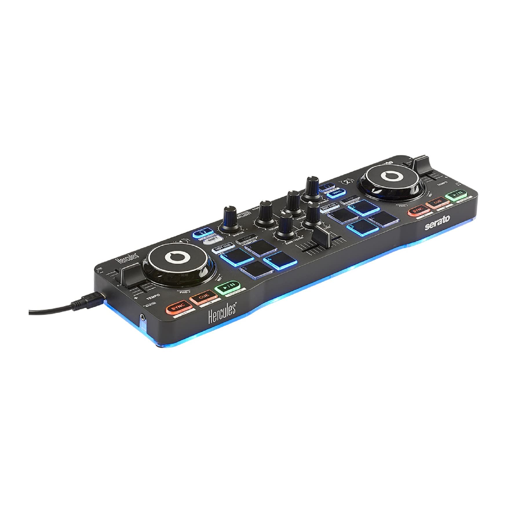 Hercules DJ Starter with Serato DJ Lite Controller and DJMonitor 32 Active Speakers Bundle With Headphones, Laptop Stand and 4-Port USB 3.0 Hub (3 Items)