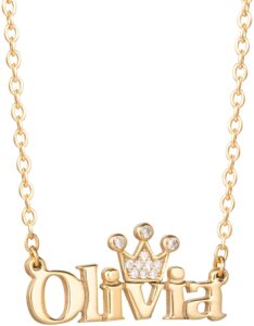 disney princess name necklace - custom tiara crown necklace - flash-plated necklace personalized, cubic zirconia tiara - flash plated princess name pendant