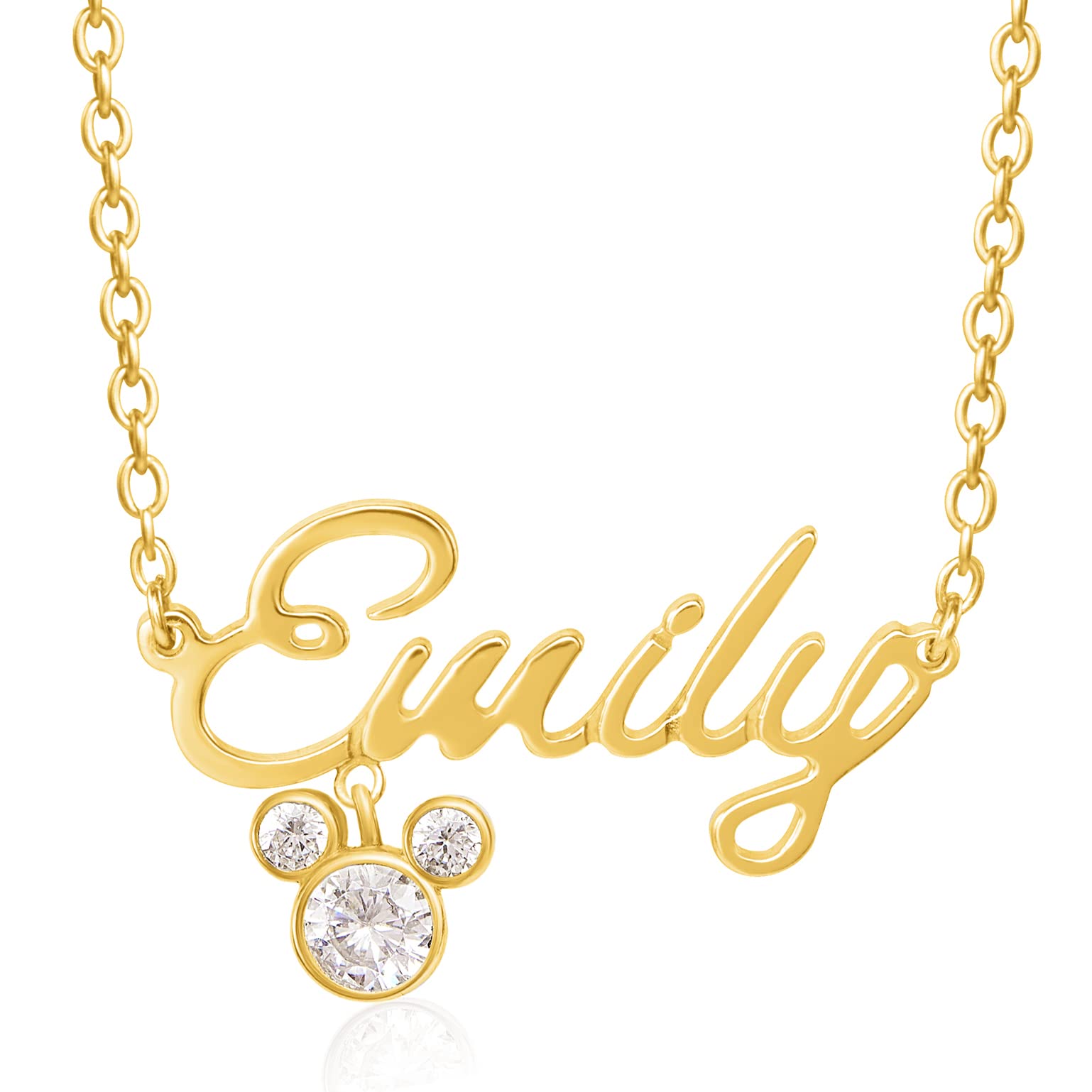 Mickey Mouse Personalized Necklace - 14K Gold Over Sterling Silver Name Necklace Personalized, Customized Name Jewelry, CZ Mickey Icon - Script Font Custom Pendant