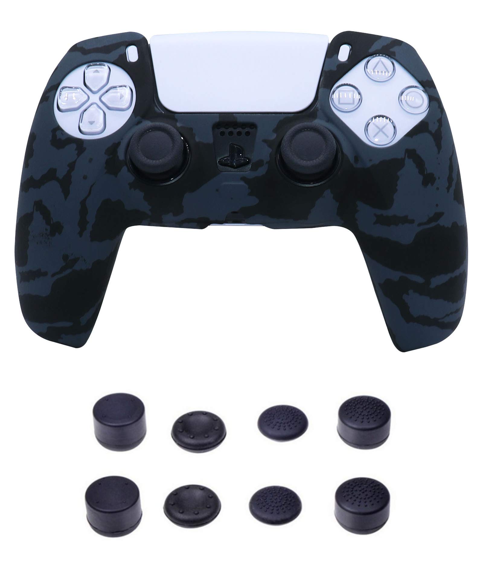 Silicone Cover Skin Case Accessories for Sony PS5 Controller with Pro Thumb Grips Caps Set Camo Black