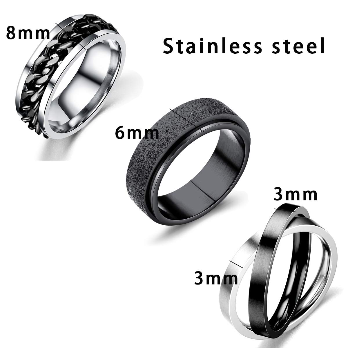 Nanafast 3 PCS Anxiety Spinner Ring Stainless Steel Spinner Band Ring Fidget Rings for Women Men Relieving Stress Anxiety Rings Set black 6