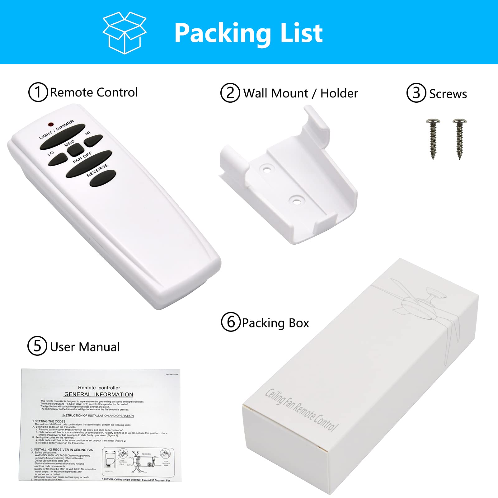 HD6 Replacement for Hampton Bay Hunter Ceiling Fan Remote Control, w/Reverse Light Dimmer 3-Speed Wall Mount, Replace UC7078T CHQ8BT7078T CHQ7078T L3HMAY97FANHD L3H2003FANHD Fan-HD(Remote Only)