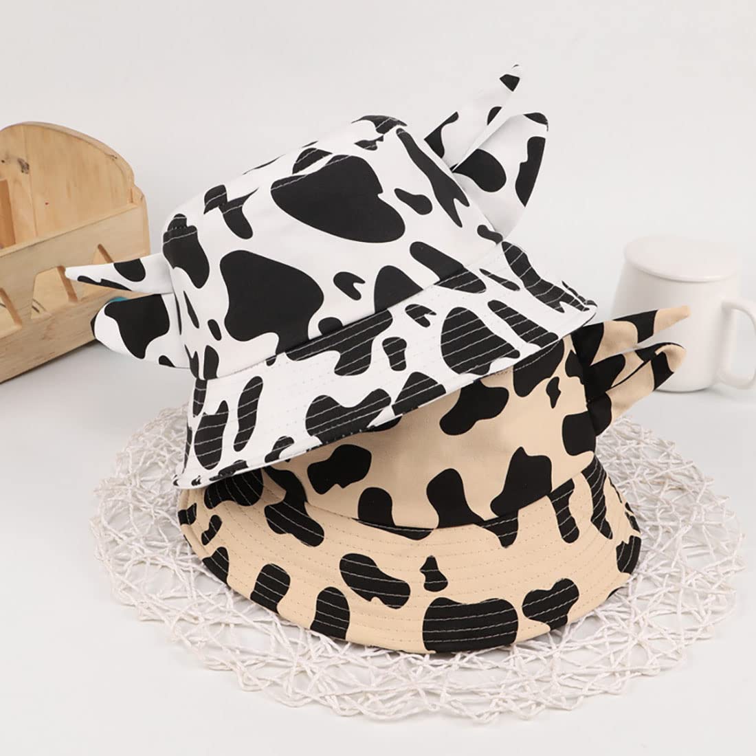 Skyearman Unisex Cow Bucket Hat with Cute Horn Ears Cow Print Summer Hat Fisherman's Hat Print Sun Cap for Women with Uv Protection (Cow Black),onesize