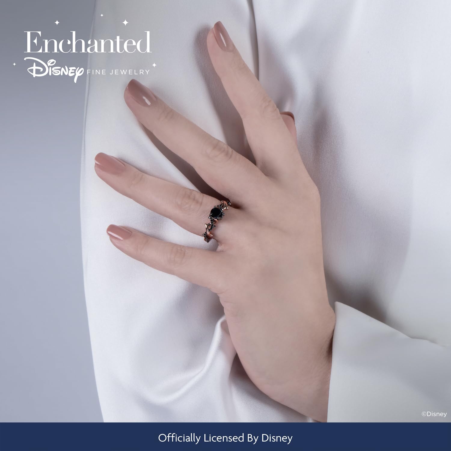 Jewelili Enchanted Disney Fine Jewelry 14K Rose and White Gold with Black Rhodium 9/10 Cttw Black Diamond Maleficent Bridal Ring, Size 8