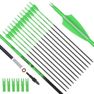 elong 12pcs 28" arrows for compound bows,carbon hunting arrows for archery spine 500 with 100 grain screw tips, for compound & recurve & traditional bow(with 6 extra nocks) green