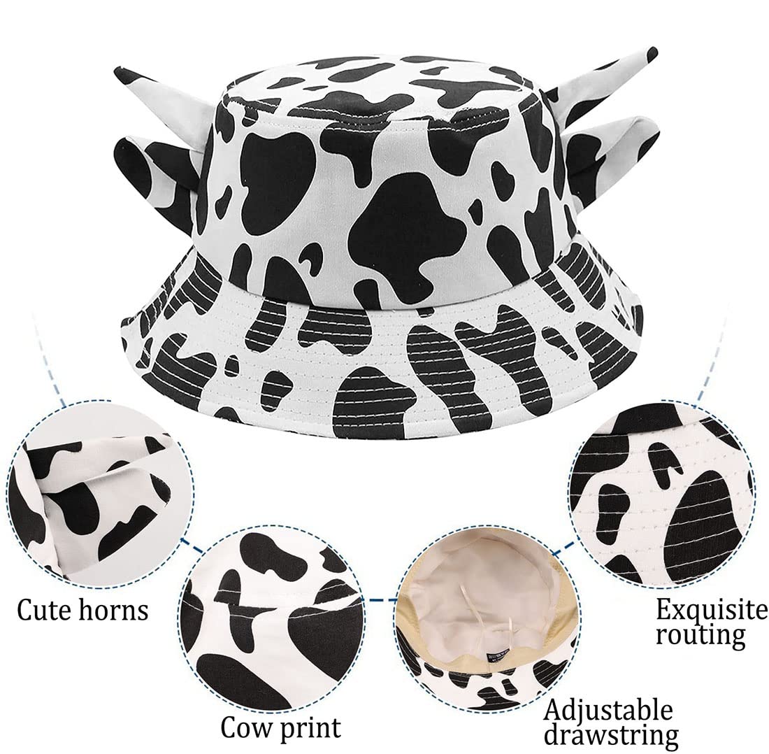 Skyearman Unisex Cow Bucket Hat with Cute Horn Ears Cow Print Summer Hat Fisherman's Hat Print Sun Cap for Women with Uv Protection (Cow Black),onesize