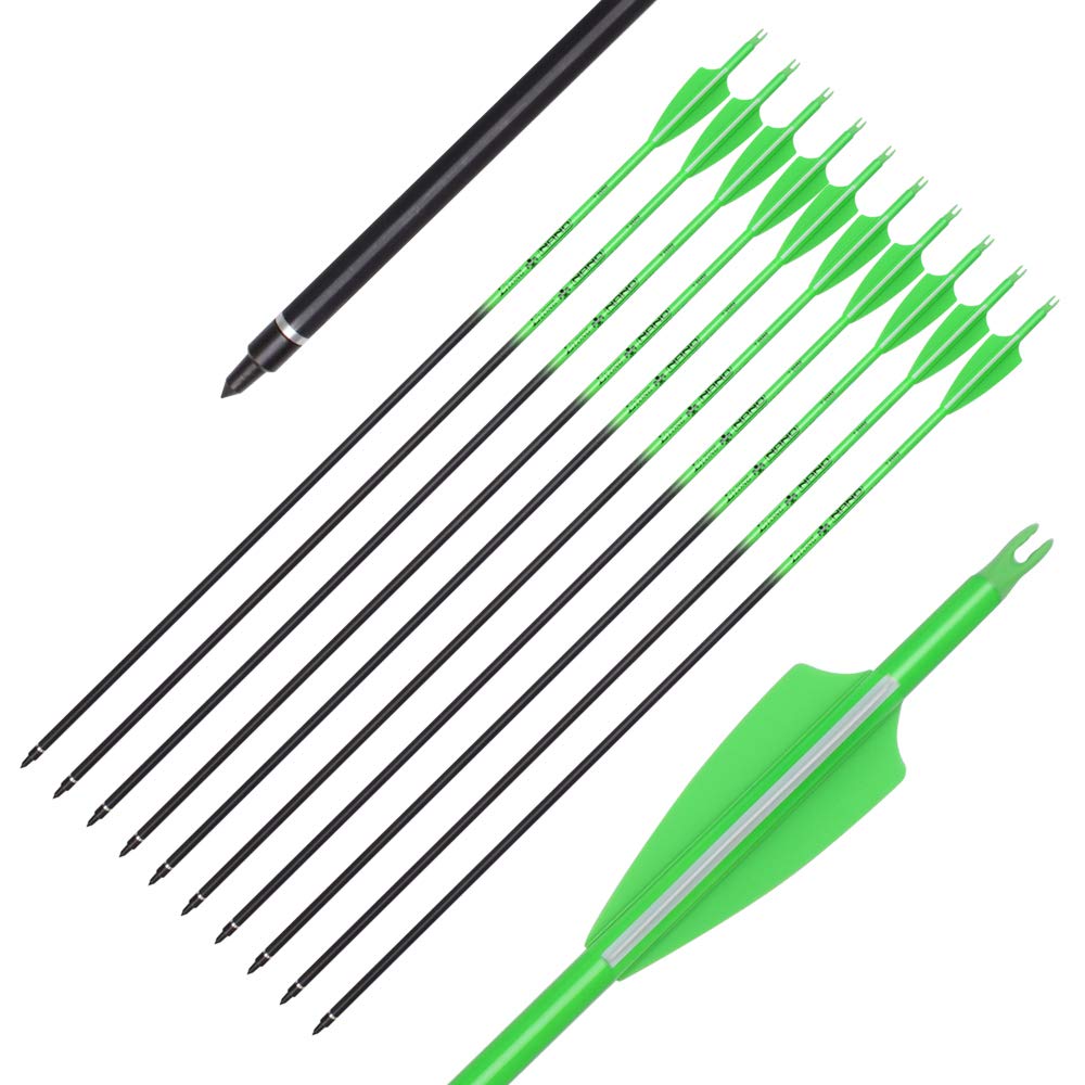 ELONG 12PCS 28" Arrows for Compound Bows,Carbon Hunting Arrows for Archery Spine 500 with 100 Grain Screw Tips, for Compound & Recurve & Traditional Bow(with 6 Extra Nocks) Green