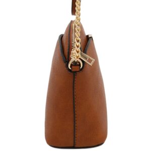 FashionPuzzle Faux Leather Solid Small Dome Crossbody bag with Chain Strap (Cognac)