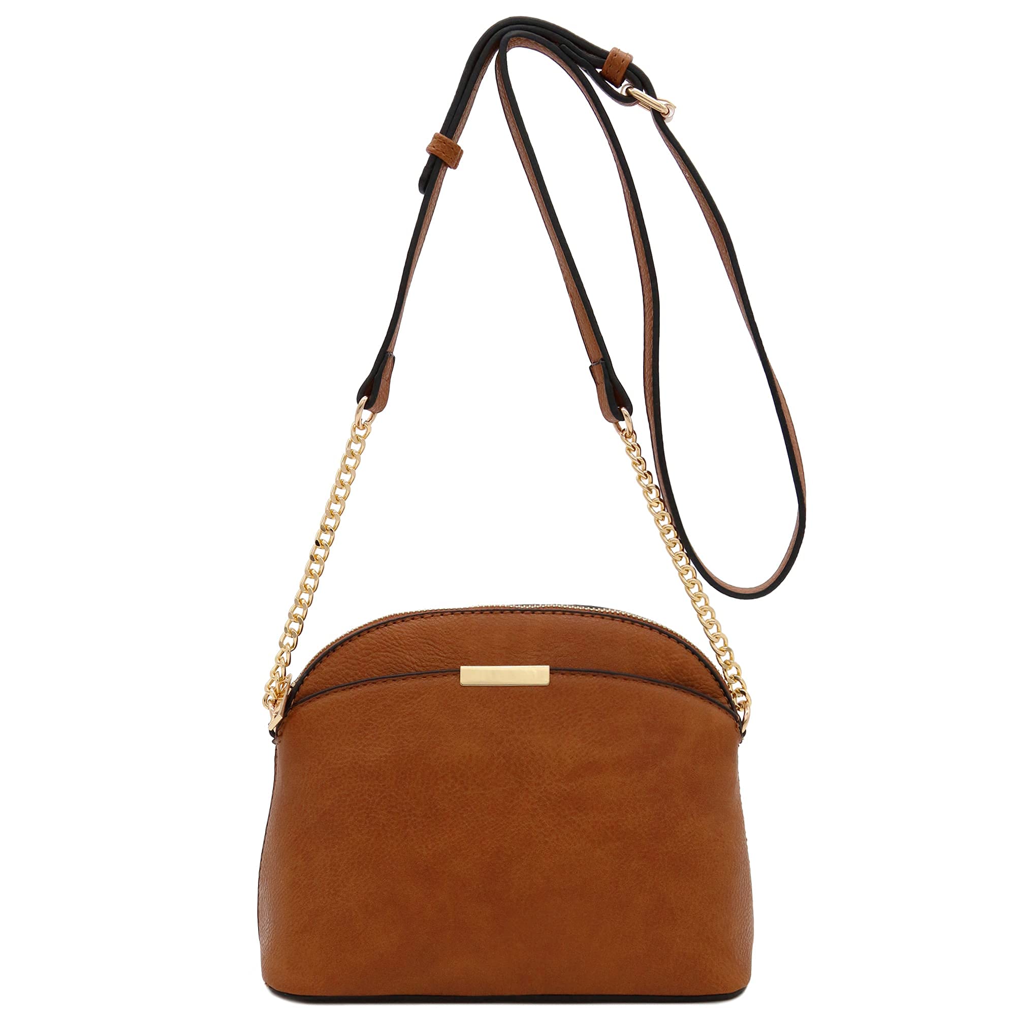 FashionPuzzle Faux Leather Solid Small Dome Crossbody bag with Chain Strap (Cognac)