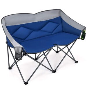 Goplus Loveseat Camping Chair, Double Folding Chair for Adults Couples w/Storage Bags & Padded High Backrest, Oversize Camp Seat for Fishing Picnic (Blue)