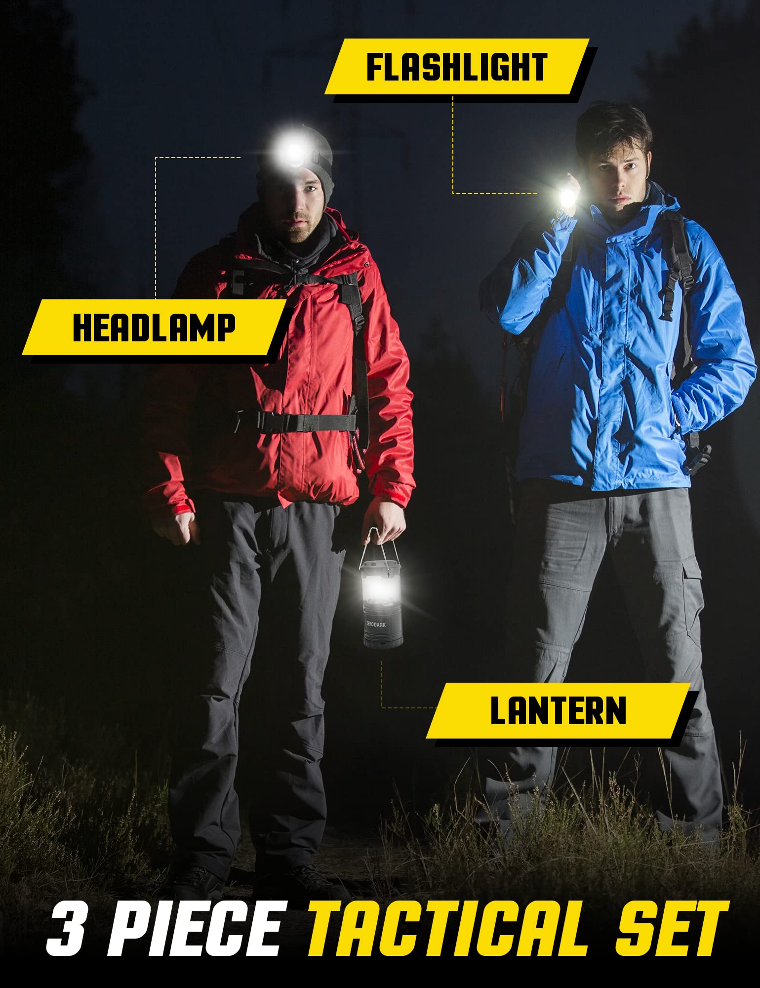 ZeroDark Flashlights Headlamp Lantern 3-Piece Set, Flashlight + Head Lamp + Camping Lantern Battery Powered LED High Lumens Camping Lights flashlights for Emergencies