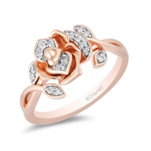 Jewelili Enchanted Disney Fine Jewelry 14K Rose Gold Over Sterling Silver 1/10 Cttw White Round Diamond Belle Rose Ring Size 9