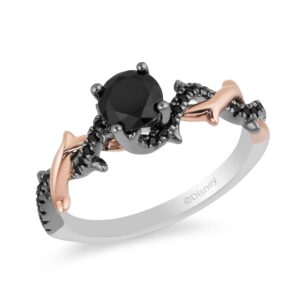 Jewelili Enchanted Disney Fine Jewelry 14K Rose and White Gold with Black Rhodium 9/10 Cttw Black Diamond Maleficent Bridal Ring, Size 8