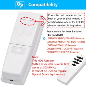 HD6 Replacement for Hampton Bay Hunter Ceiling Fan Remote Control, w/Reverse Light Dimmer 3-Speed Wall Mount, Replace UC7078T CHQ8BT7078T CHQ7078T L3HMAY97FANHD L3H2003FANHD Fan-HD(Remote Only)