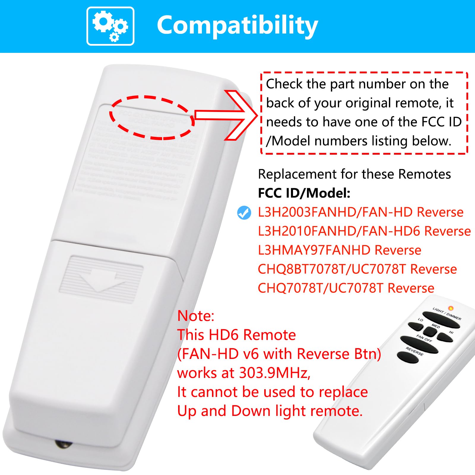 HD6 Replacement for Hampton Bay Hunter Ceiling Fan Remote Control, w/Reverse Light Dimmer 3-Speed Wall Mount, Replace UC7078T CHQ8BT7078T CHQ7078T L3HMAY97FANHD L3H2003FANHD Fan-HD(Remote Only)