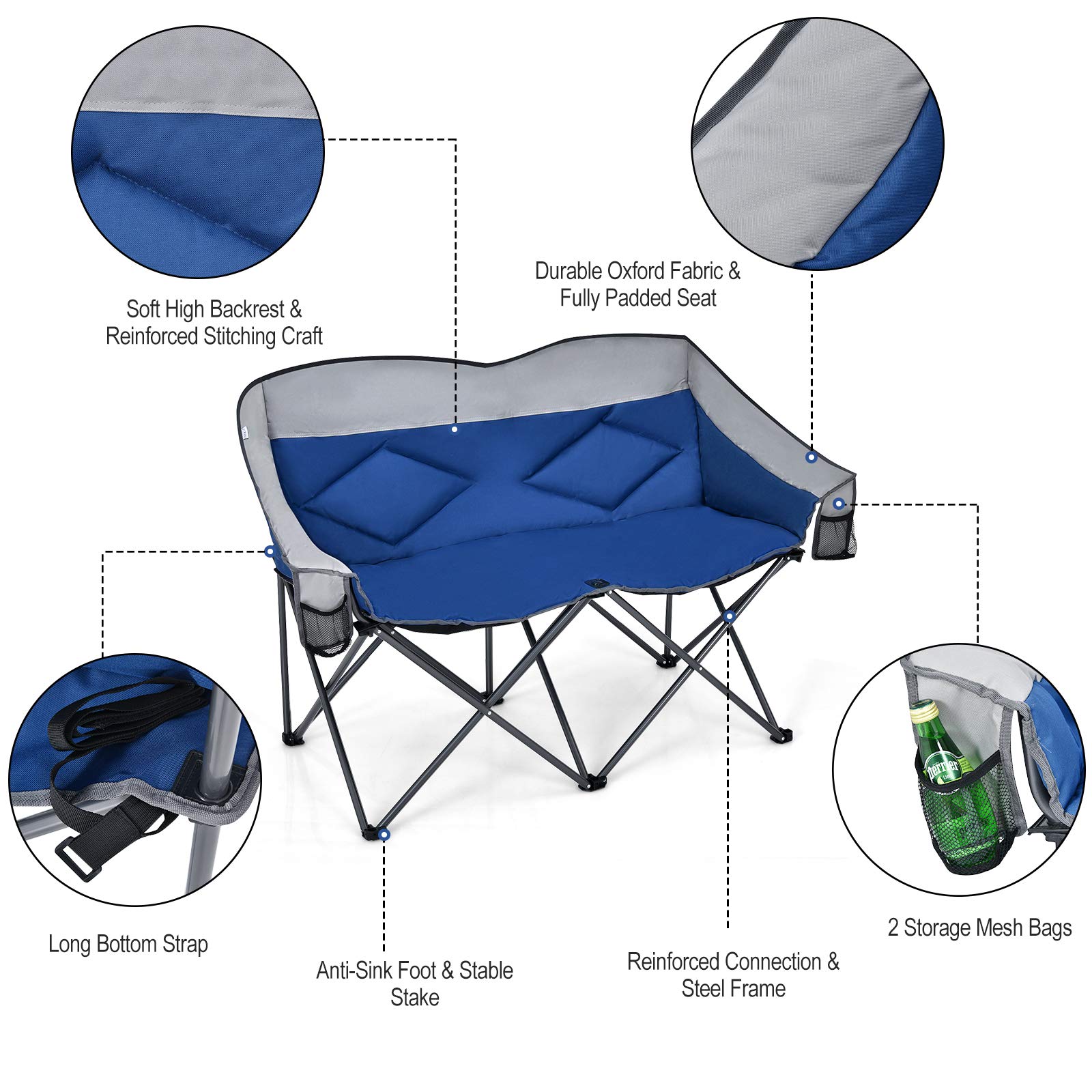 Goplus Loveseat Camping Chair, Double Folding Chair for Adults Couples w/Storage Bags & Padded High Backrest, Oversize Camp Seat for Fishing Picnic (Blue)