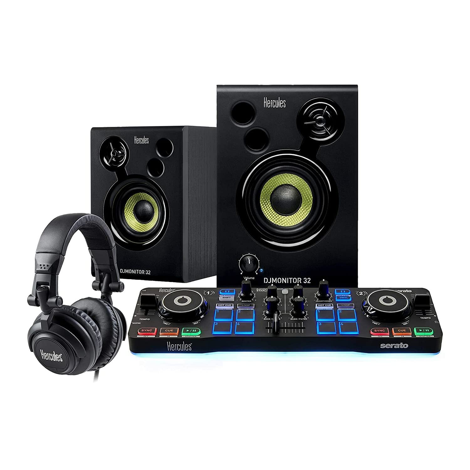 Hercules DJ Starter with Serato DJ Lite Controller and DJMonitor 32 Active Speakers Bundle With Headphones, Laptop Stand and 4-Port USB 3.0 Hub (3 Items)