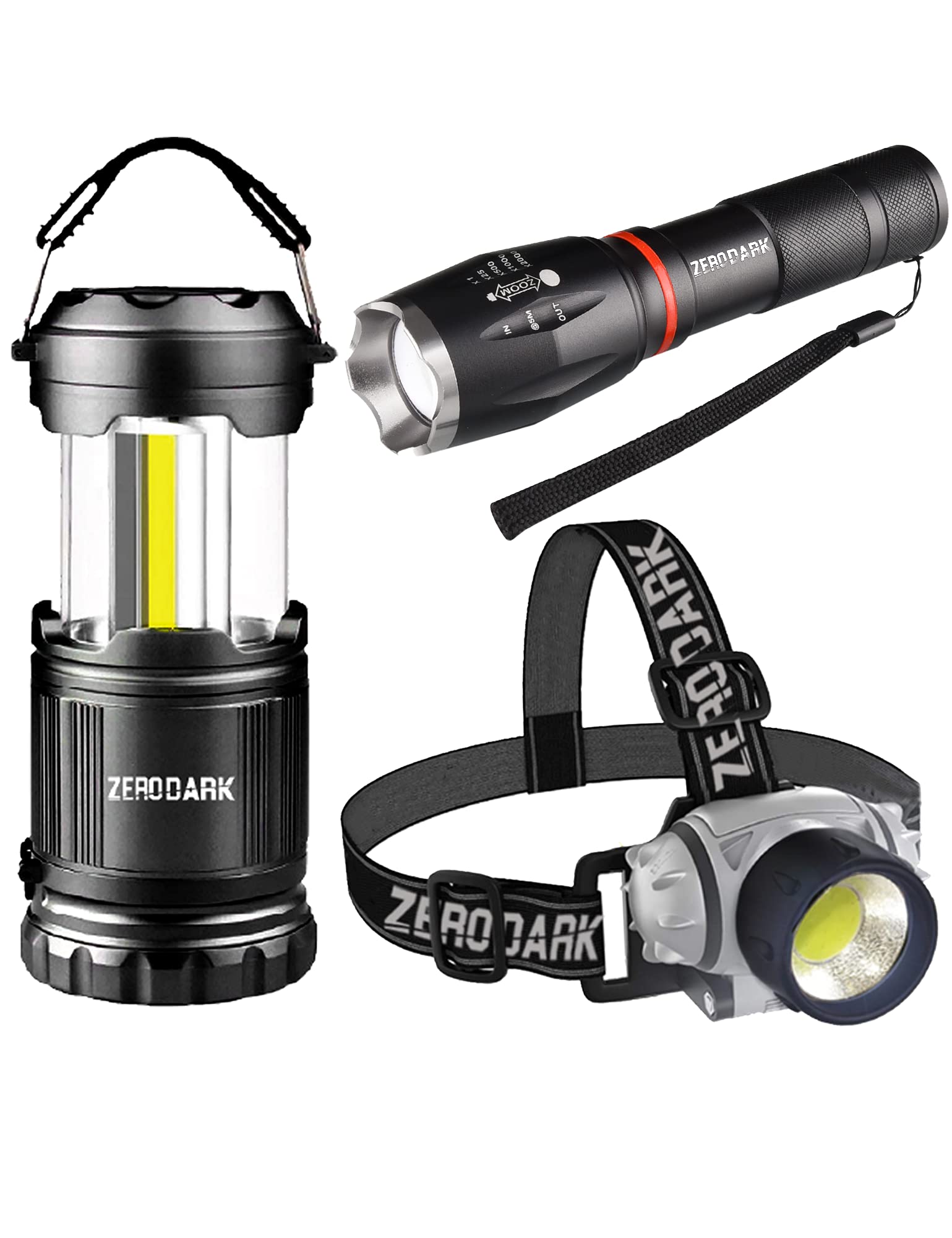 ZeroDark Flashlights Headlamp Lantern 3-Piece Set, Flashlight + Head Lamp + Camping Lantern Battery Powered LED High Lumens Camping Lights flashlights for Emergencies