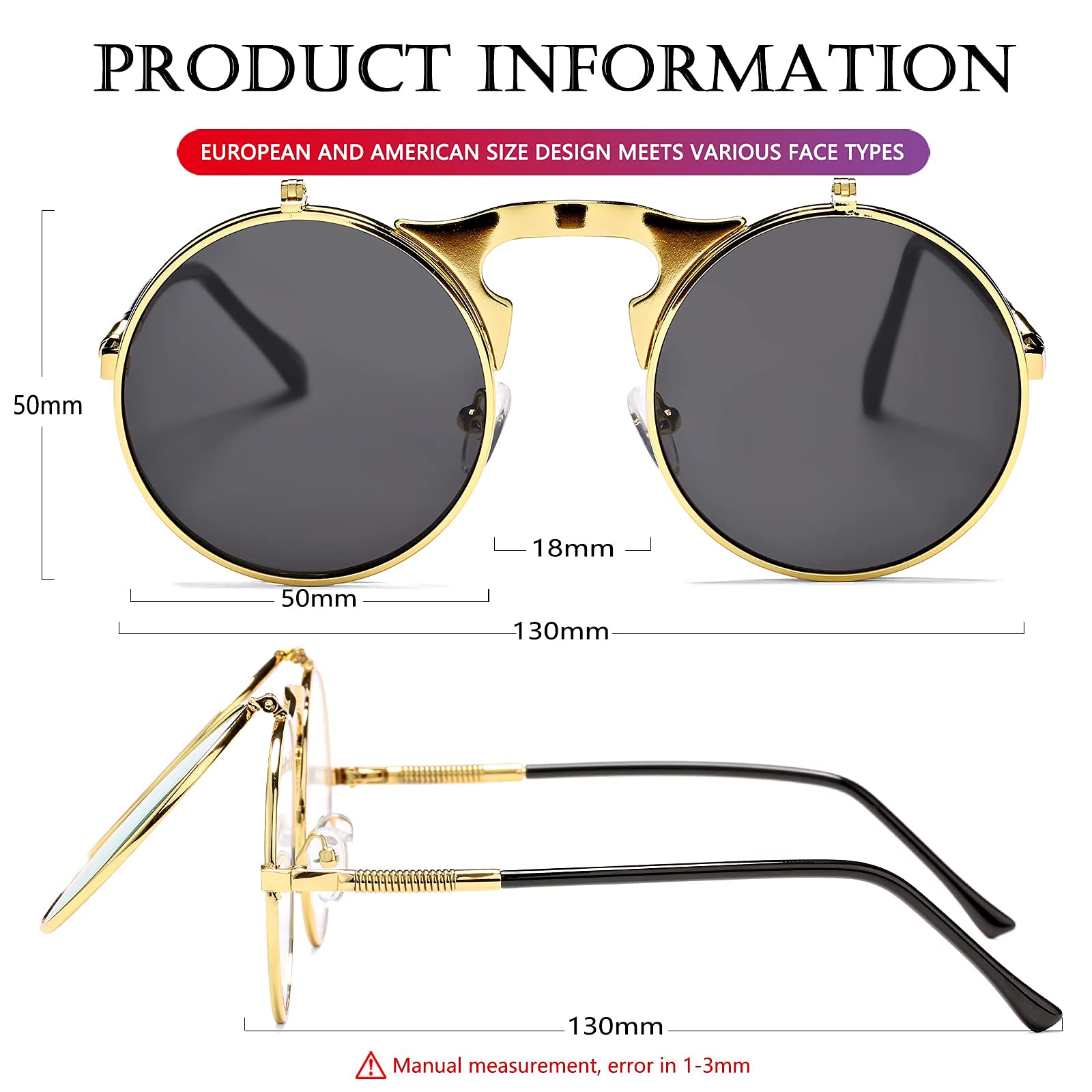 AIEYEZO Round Flip Up Sunglasses for Men and Women Rave Flip Glasses 90's Retro Steampunk Style (Gold/Grey)