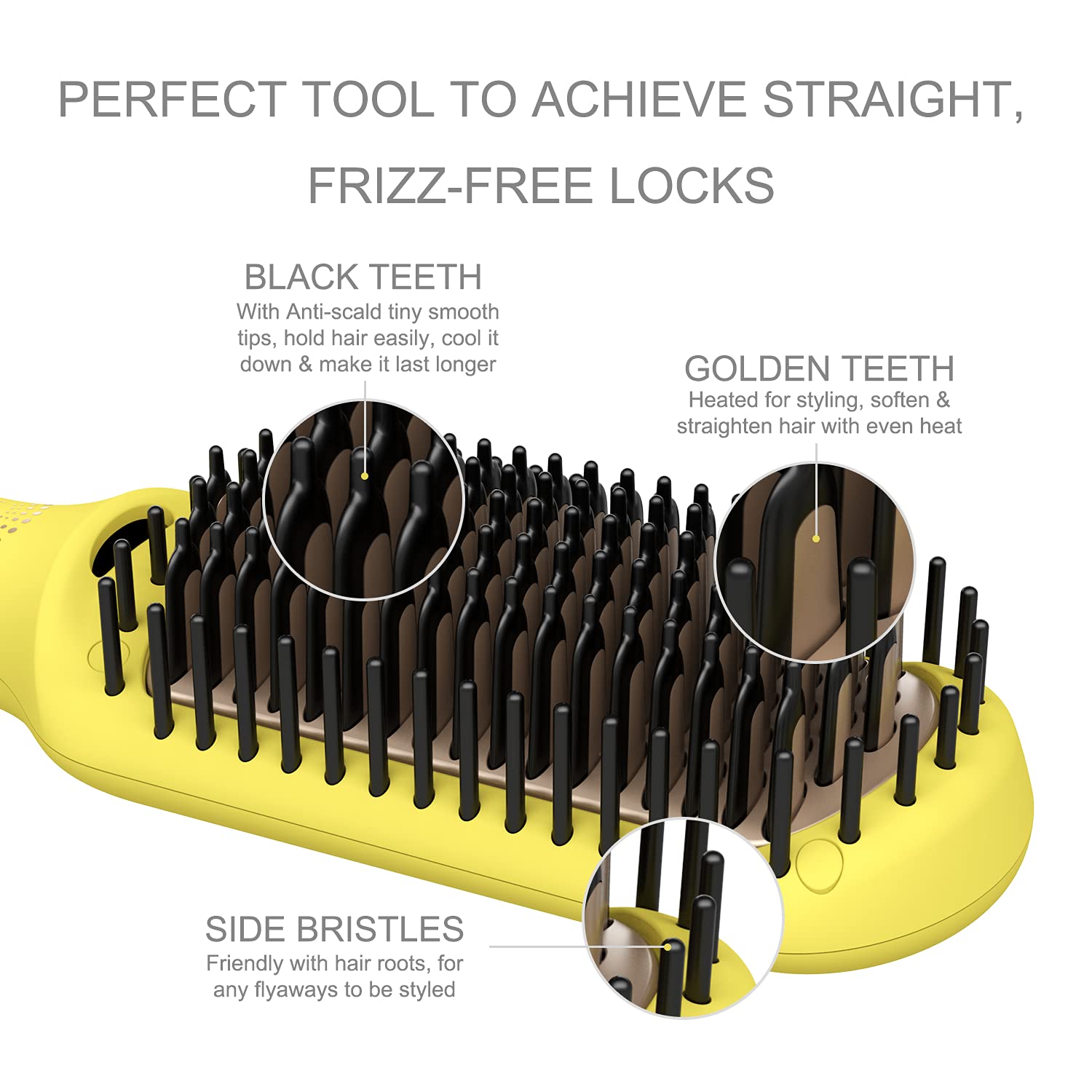 LENA Ionic Straightening Brush - Pro Flat Iron Straightener Comb and Heated Paddle Brush Styler with Extra Ion Care for Ultra Smooth Hair, Anti-Scald，Auto Off, Max 450°F (Yellow)