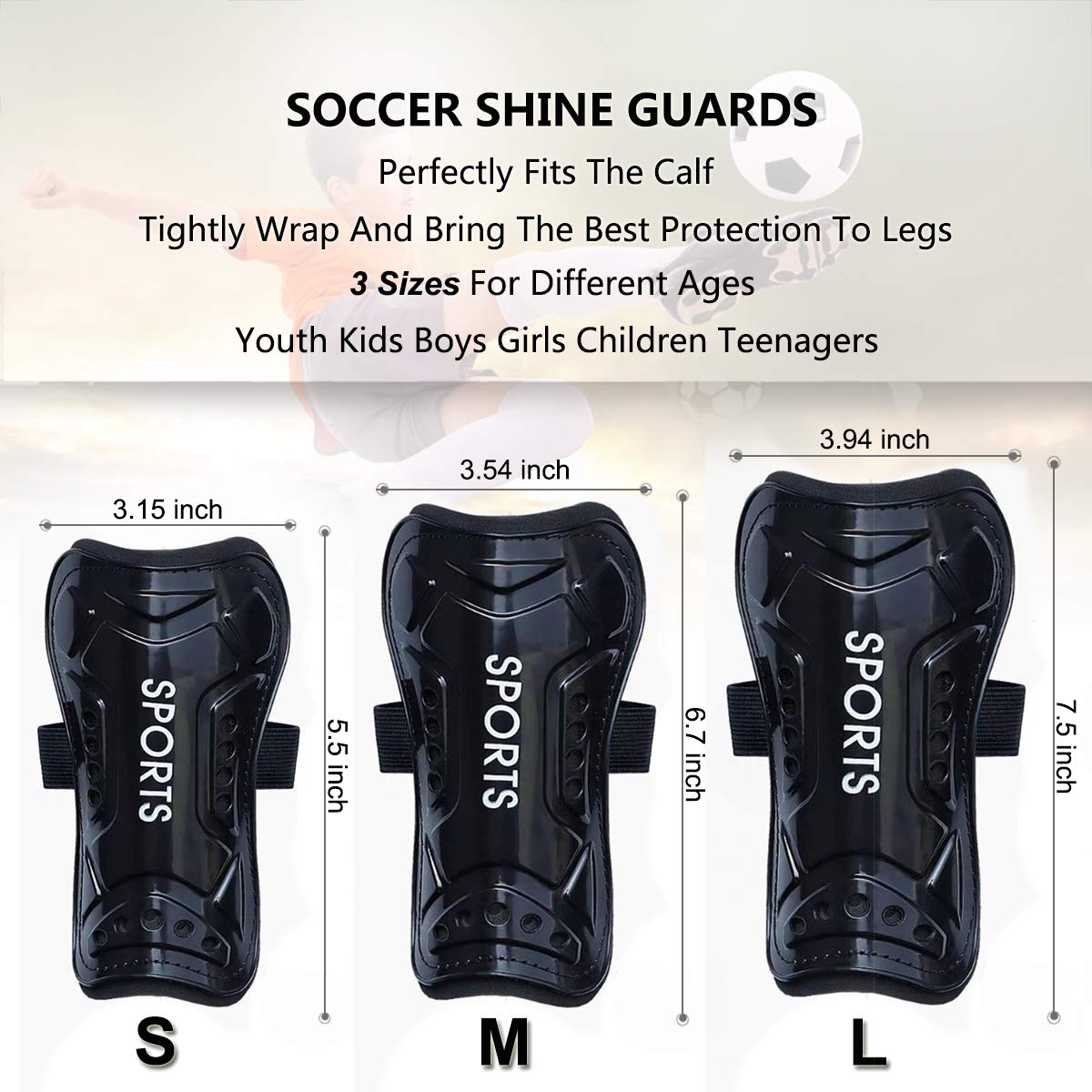 Youth Soccer Shin Guards for Kids Child Calf Protective Gear Soccer Equipment Soccer Shin Pads Calf Sleeves Protection for Boys Girls Kids Youth Toddler Children Teenagers Adult (Black, S 3'3-3'9)