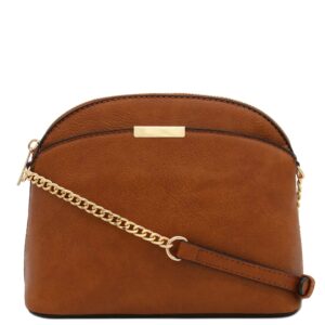 fashionpuzzle faux leather solid small dome crossbody bag with chain strap (cognac)