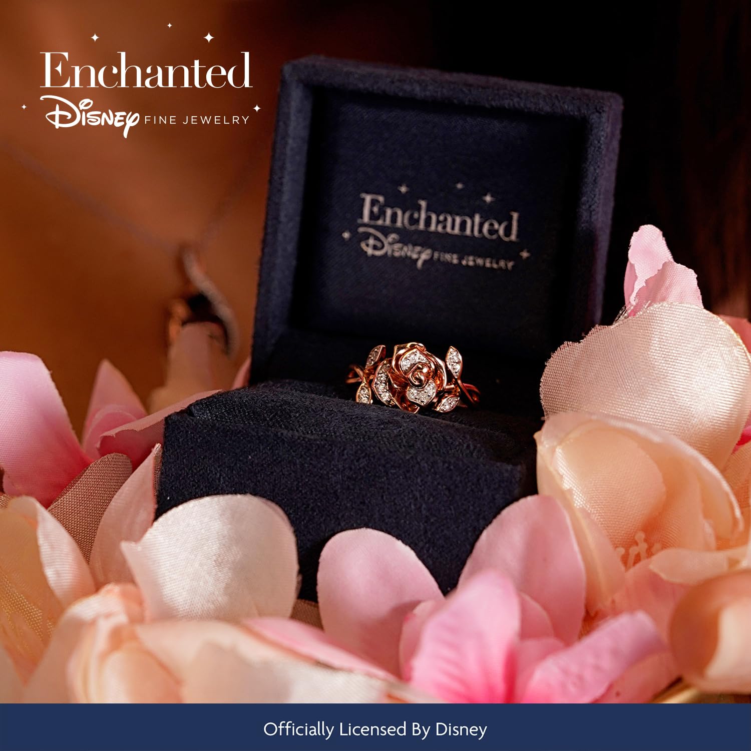 Jewelili Enchanted Disney Fine Jewelry 14K Rose Gold Over Sterling Silver 1/10 Cttw White Round Diamond Belle Rose Ring Size 9