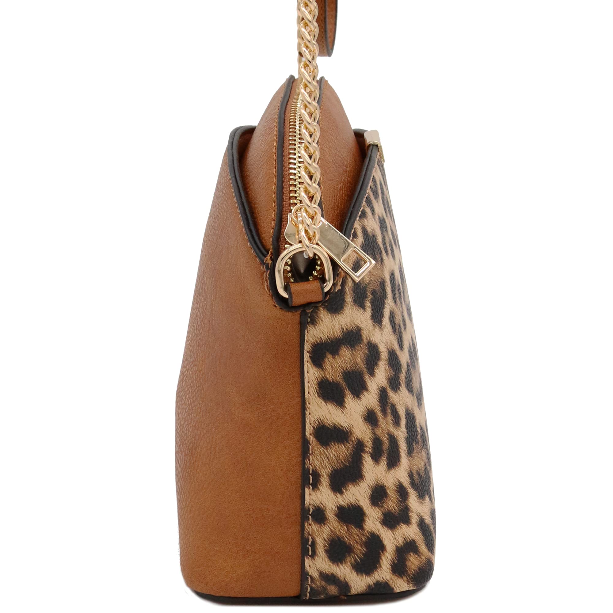 FashionPuzzle Leopard Print Small Dome Crossbody with Chain Strap (Classic Tan/Tan)