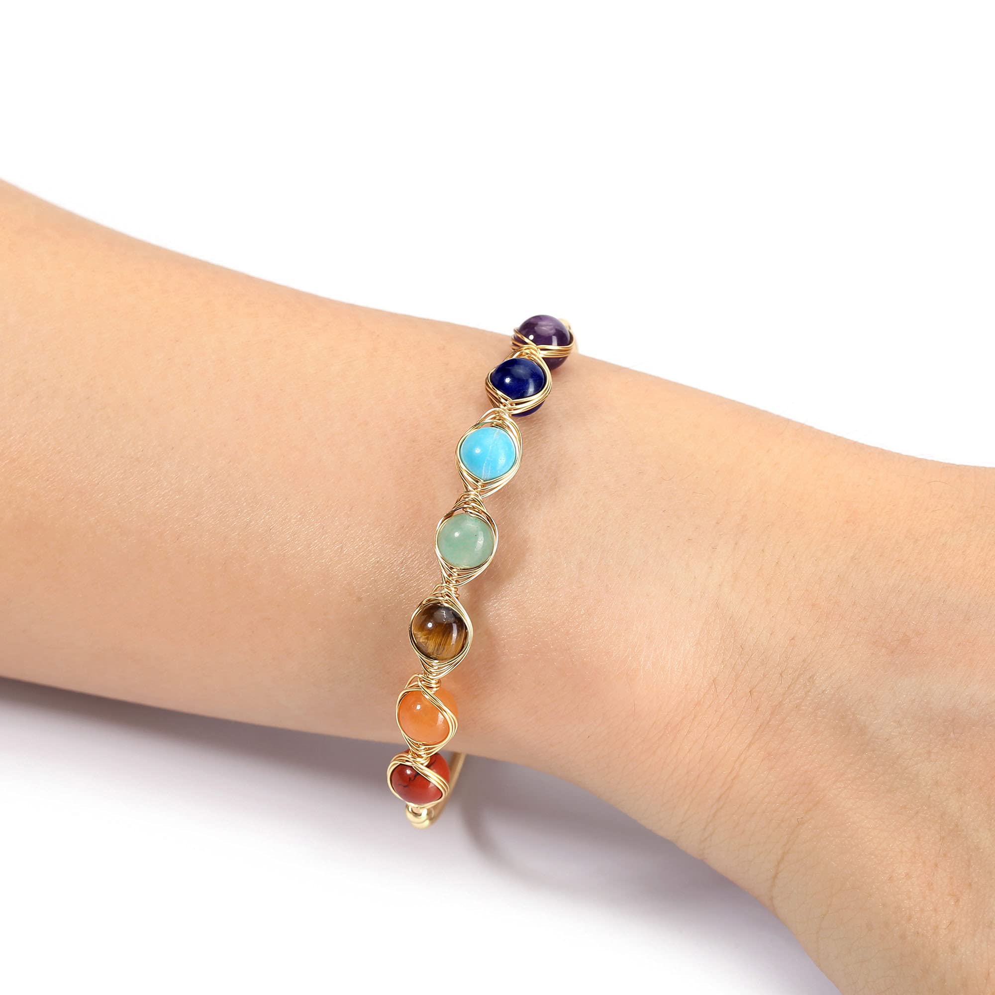 Top Plaza 7 Chakra Yoga Meditation Bracelet Healing Crystal Stone Bead Cuff Bracelets Adjustable 14K Gold Plated Bracelets for Women Ladies Girlfriend Birthday Gifts