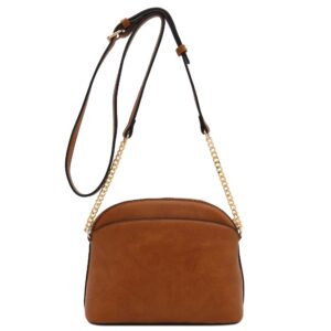 FashionPuzzle Faux Leather Solid Small Dome Crossbody bag with Chain Strap (Cognac)