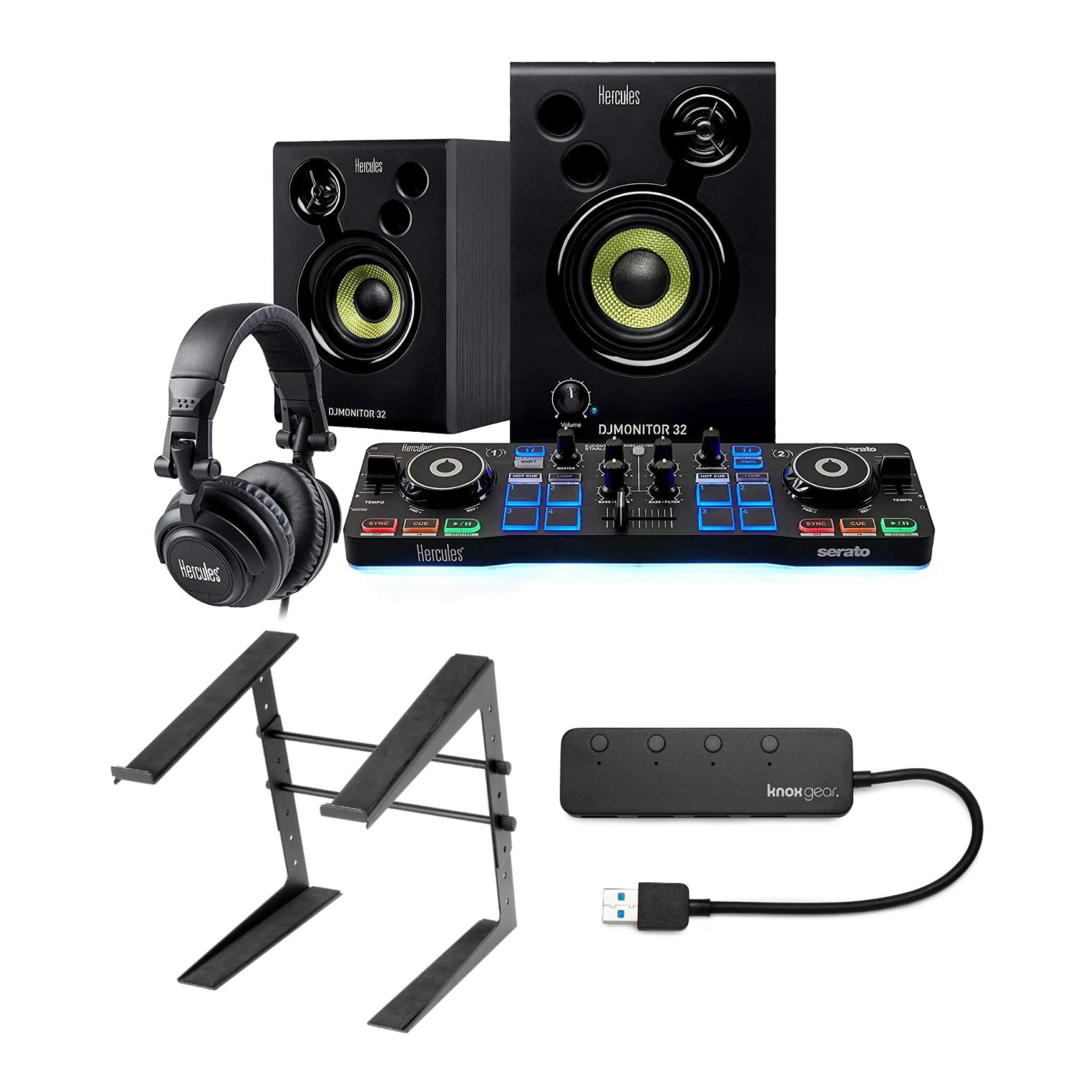 Hercules DJ Starter with Serato DJ Lite Controller and DJMonitor 32 Active Speakers Bundle With Headphones, Laptop Stand and 4-Port USB 3.0 Hub (3 Items)