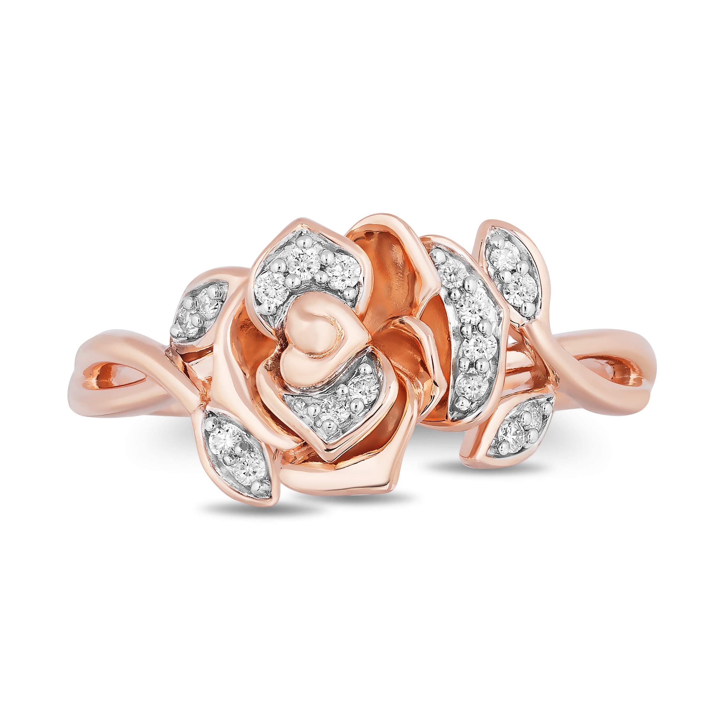 Jewelili Enchanted Disney Fine Jewelry 14K Rose Gold Over Sterling Silver 1/10 Cttw White Round Diamond Belle Rose Ring Size 9