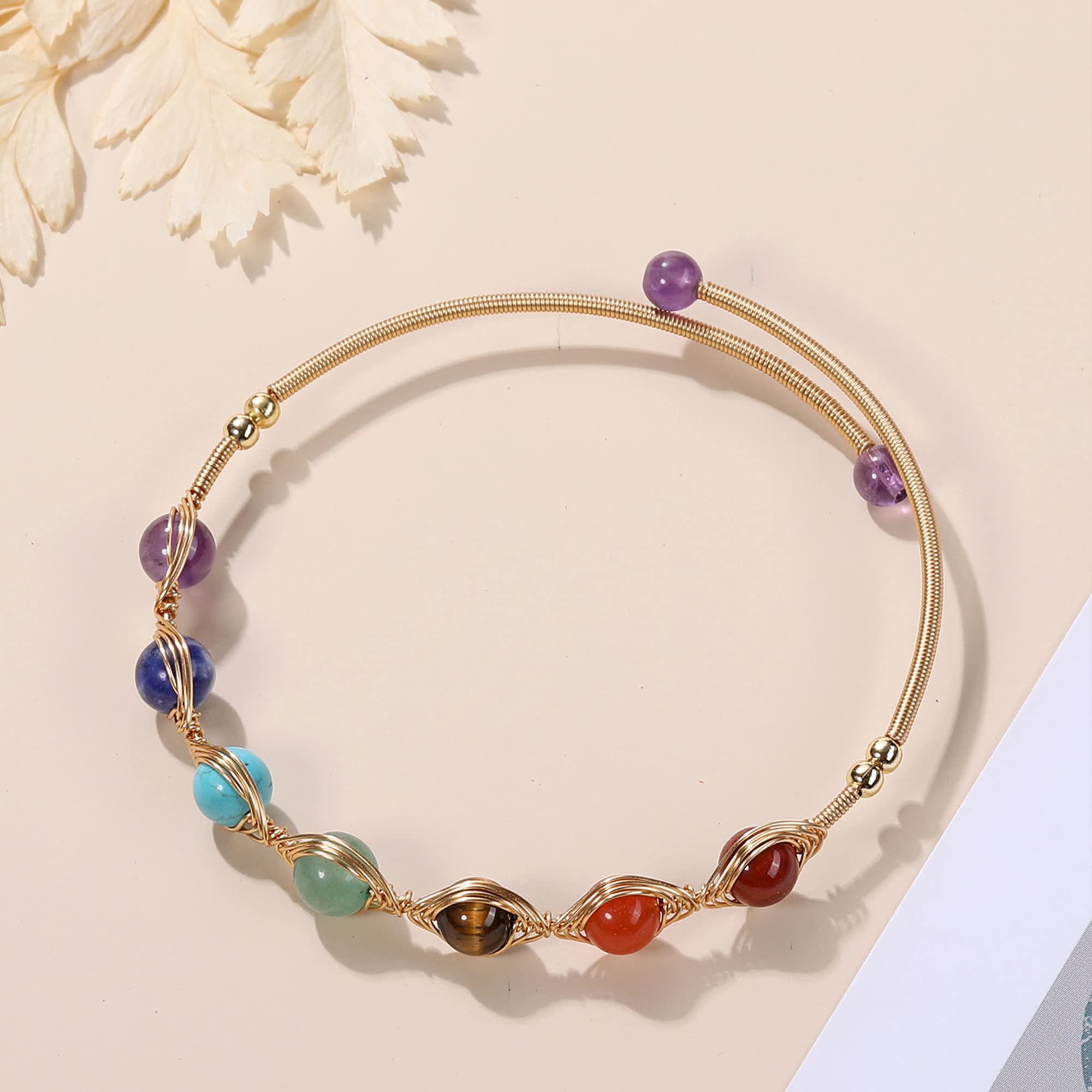 Top Plaza 7 Chakra Yoga Meditation Bracelet Healing Crystal Stone Bead Cuff Bracelets Adjustable 14K Gold Plated Bracelets for Women Ladies Girlfriend Birthday Gifts